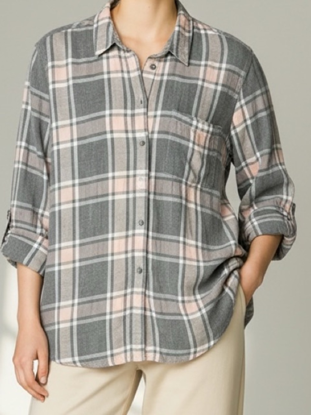 Lucky Brand XL Pink White Gray Button Down Plaid Flannel Shirt